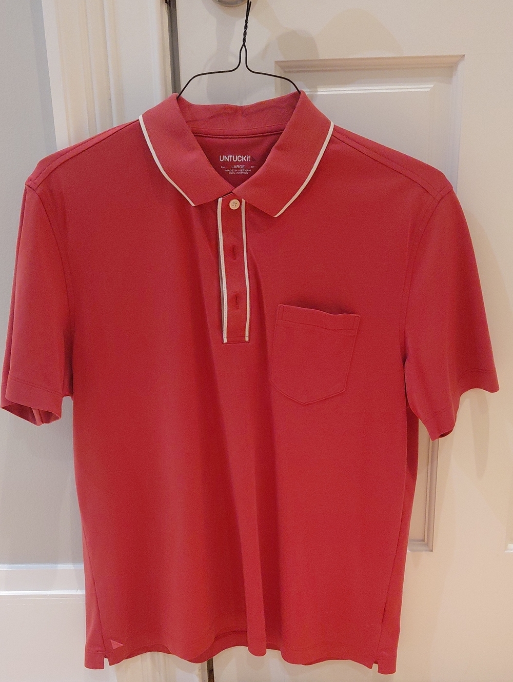 UNTUCKit Men's Coral-Red Pique Polo with White Contrast Trim